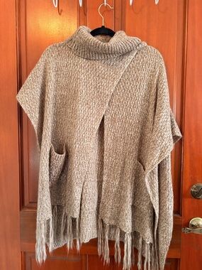 2 Chic Taupe Turtleneck Fringe Poncho Sweater